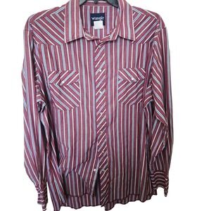 Wrangler Western‎ Stripe Shirt 2XLT Maroon White Blue Pearl Snap Tall Long